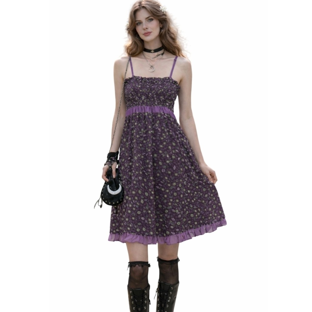 Floral Smocked Dress Purple Green L Forest Grunge Fairy Goblin Boho Whimsical